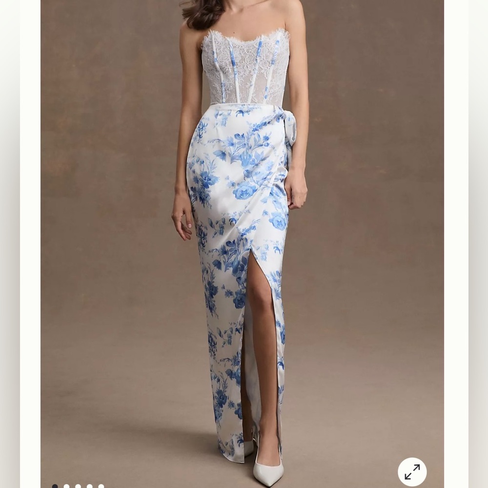 V. Chapman White and Blue Strapless Floral Maxi Dress
